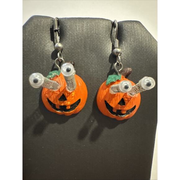 Vintage Halloween Pumpkin Drop Earrings Rhinestone Dangle Pierced Eyes Popped - Picture 2 of 7